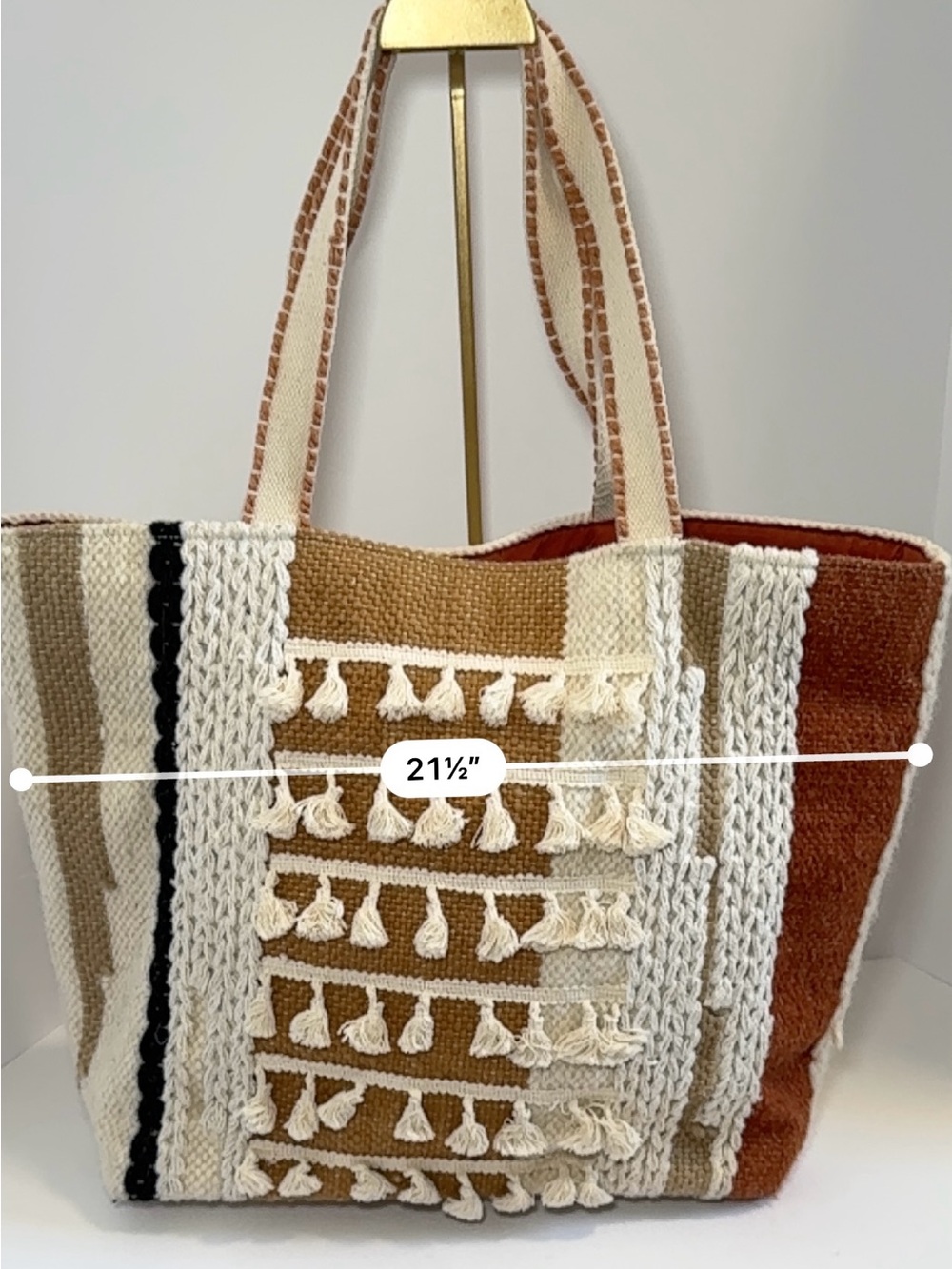 Roolee Culebra Woven Tote Bag - Boho Tassel Knit Stripe Shoulder Bag - Picture 5 of 11